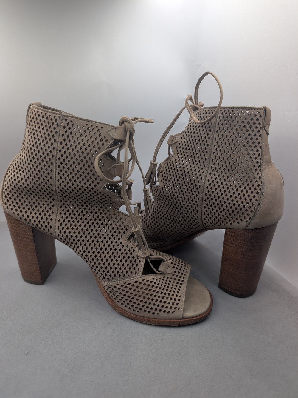 Frye Taupe Perforated Lace-Up Open-Toe Block Heel Boots